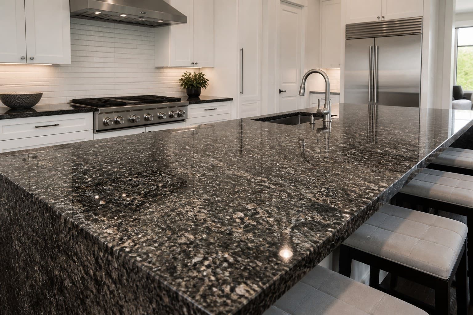 Finished kitchen with stone countertops